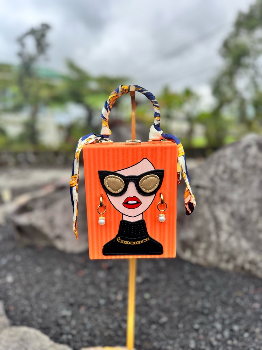 Orange Novelty Box Purse Scarf Handle Chain Strap NWOT